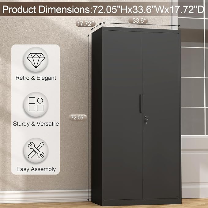 GREATMEET Metal Garage Storage Cabinet with 2 Doors and Shelves - 72" x 34" x 18" Steel Lockable File Cabinet, Black Locking Tool Cabinets for Office Home Garage Gym School