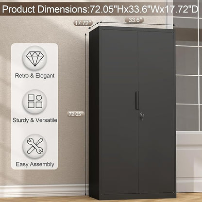 GREATMEET Metal Garage Storage Cabinet with 2 Doors and Shelves - 72" x 34" x 18" Steel Lockable File Cabinet, Black Locking Tool Cabinets for Office Home Garage Gym School