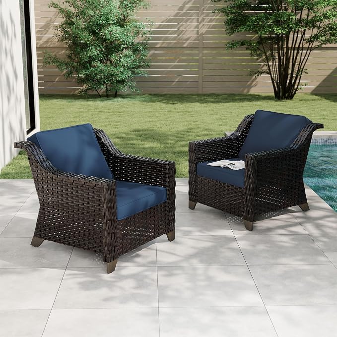 Patio 2 Pieces Wicker Chairs Set of 2，Outdoor PE Rattan Armchairs, Water-Resistant Cushions with Removable and Washable Covers, Porch, Balcony, Sunroom (Navy Blue)