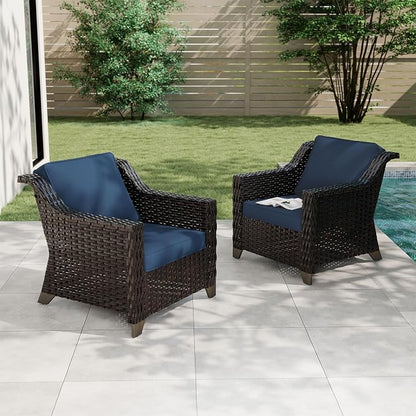 Patio 2 Pieces Wicker Chairs Set of 2，Outdoor PE Rattan Armchairs, Water-Resistant Cushions with Removable and Washable Covers, Porch, Balcony, Sunroom (Navy Blue)