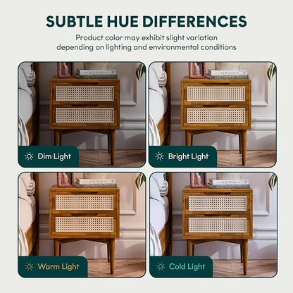 Bme Oliver Solid Wood Rattan Nightstand/Side Table/End Table, Fully Assembled, for Bohemian & Mid Century Style Bedroom and Living Room, Caramel | Fully Assembled