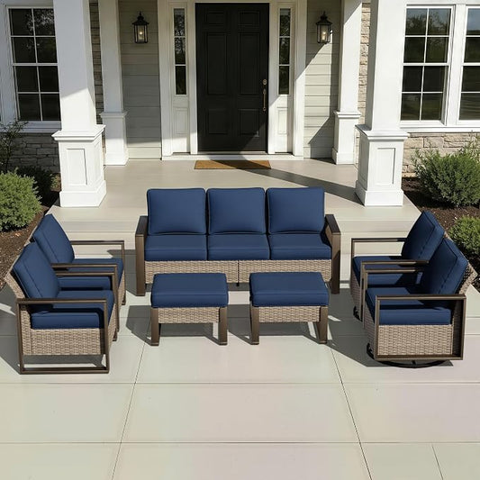 Joyside Outdoor Patio Chairs, 8 Pieces Wicker Rattan Furniture Set, 4 Patio Chairs, 1 Sofa, 2 Ottoman and 1 Table, Metal Wide Armrest, Thick Cushions and Deep Seating for Garden, Backyard, Porch