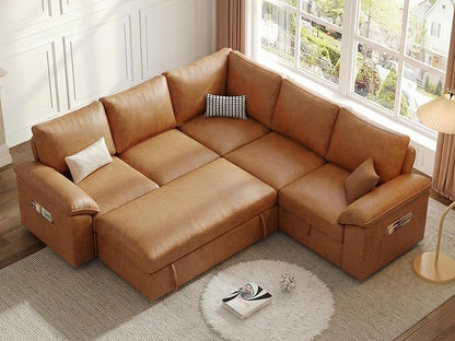 85 Inch Faux Leather Modular Sectional Sofa with Pull Out Bed, L Shaped 5 Seat Sectional Sleeper Sofa with Storage, Sectional Couches for Living Room, Cloud Modular Couch,Brown Leather