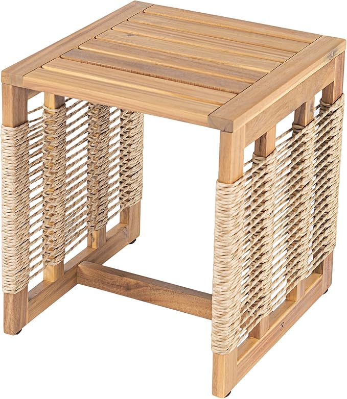 VilroCaz 5-Piece Patio Conversation Set, All Weather Sectional Sofa Set w/ 3 Seater Sofa, 2 Chairs and 2 Coffee Tables, Acacia Wood Outdoor Furniture Set with Woven Rope Accents and Cushions