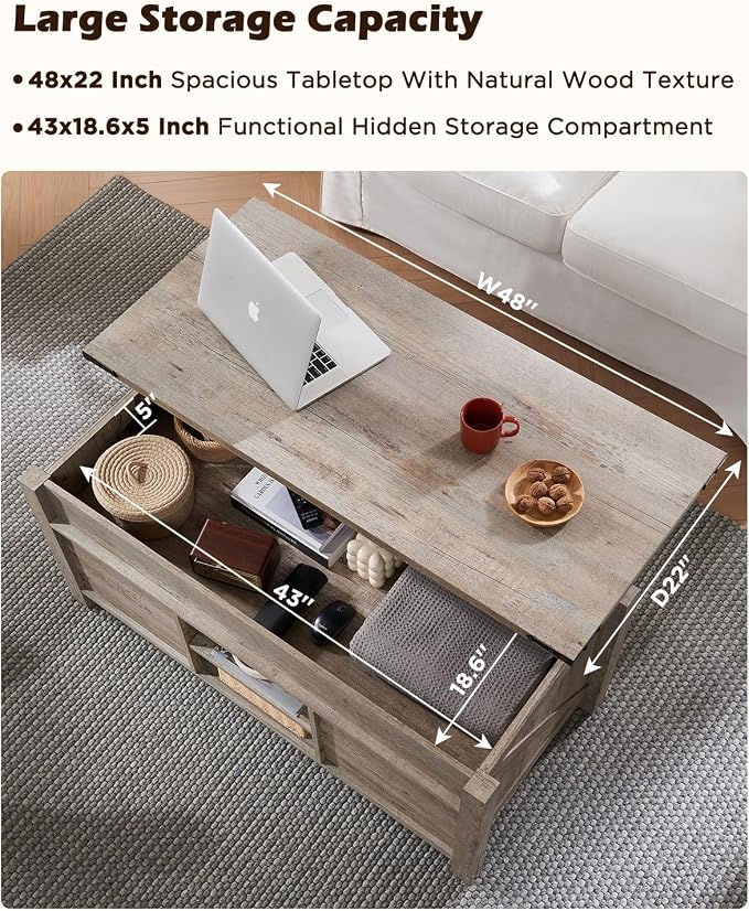 OKD 48" Farmhouse Lift Top Coffee Table with Sliding Barn Door,Rustic Center Table w/Hidden Storage Compartment, Lift Tabletop Dining Table w/Adjustable Shelf for Living Room,Light Rustic Oak