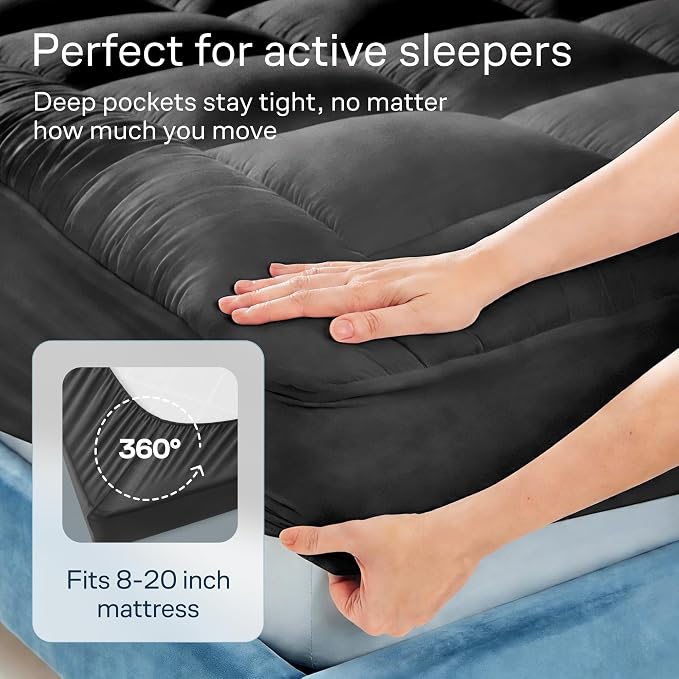 Niagara Sleep Solution Cloud-Like Queen Non-Slip Mattress Topper - 100% Cotton Top Mattress Pad for Back Pain Relief - Extra-Grip, Breathable & Naturally Cooling for Hot Sleepers, Dark Gray