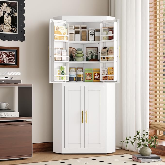 GAIOUS 63" Tall Steel Corner Cabinet, Metal Storage Cabinets with 4 Doors and 3 Shelves, Pantry Cabinets with 6 Door Panel Shelves, Farmhouse Cupboard for Kitchen Dining Room Hallways, White