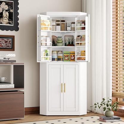 GAIOUS 63" Tall Steel Corner Cabinet, Metal Storage Cabinets with 4 Doors and 3 Shelves, Pantry Cabinets with 6 Door Panel Shelves, Farmhouse Cupboard for Kitchen Dining Room Hallways, White