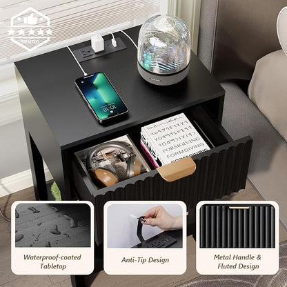 Nasonet Night Stand Set 2, Fluted Nightstand with Charging Station, Wood Bedside Table with Drawer & Storage Shelf, Modern End Tables for Bedroom Sofa Couch Office, Black