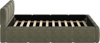 Merax Queen Size Boucle Platform Bed with Thick Headboard and Footboard, Block Style Upholstery Grounded Bed Frame, Green