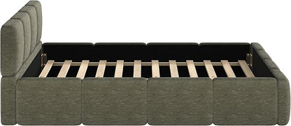 Merax Queen Size Boucle Platform Bed with Thick Headboard and Footboard, Block Style Upholstery Grounded Bed Frame, Green