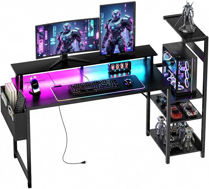 Apicizon 54 Inch Gaming Desk with LED Setup Style, Large Computer Desk with Storage Shelves & Dual Monitor Stand, Reversible Workstation for Small Space, Home Office Desk with Side Pocket