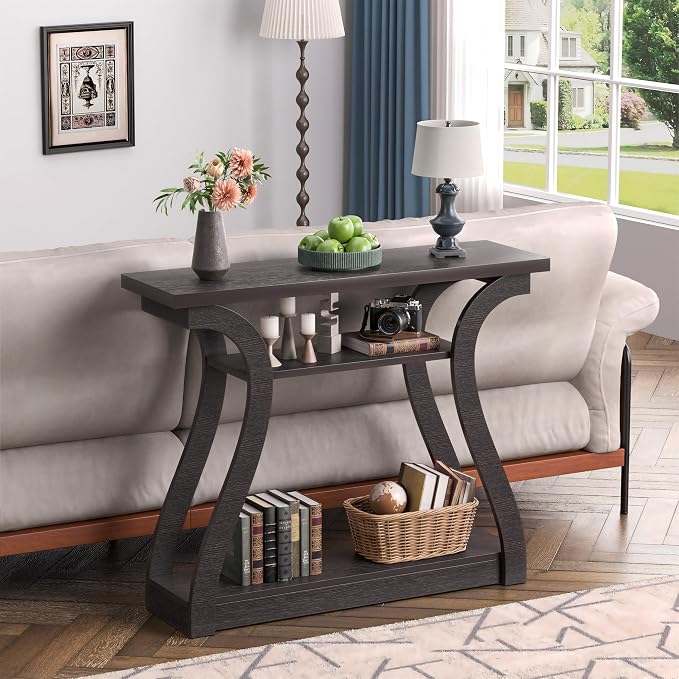 47" Wood Console Table for Entryway, Narrow Sofa Table with 3-Tier Shelves, Curved Legs Farmhouse Hallway Table, Skinny Console Table Behind Couch, Rustic Wooden Entry Table for Living Room (Brown)
