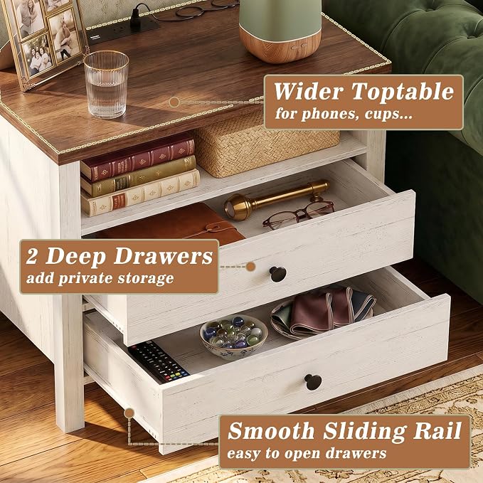 Aheaplus Nightstand with Charging Station, 23.6'' Large Bed Side Table with Wooden 2 Drawers, Night Stand for Bedroom, End Table with Open Storage Shelf for Living Room, Set of 2, White & Brown