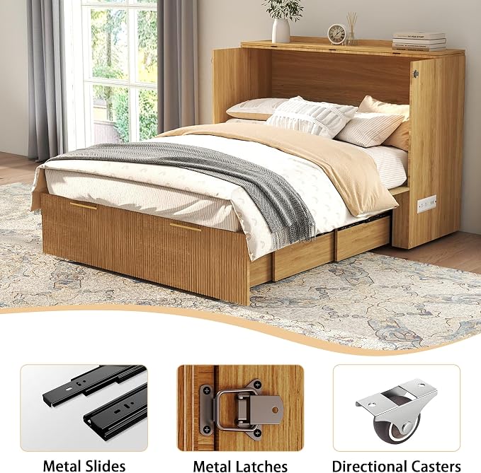 Full Size Murphy Bed Cabinet: Oak Folding Murphy Bed for Small Spaces, Wood Hidden Beds Cabinet with Charging Station, Modern 2 in 1 Hideaway Beds Cabinets (Oak-Fluted)