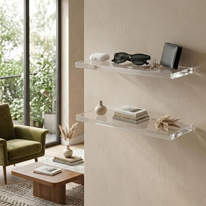 Set of 2 Acrylic Floating Shelves - 22" Clear floating shelves for Bathroom & Living Room - 22" x 7" x 0.6" Invisible Wall Mounted Shelves for Books , Lego Display, Waterproof, Holds 60 lbs on drywall