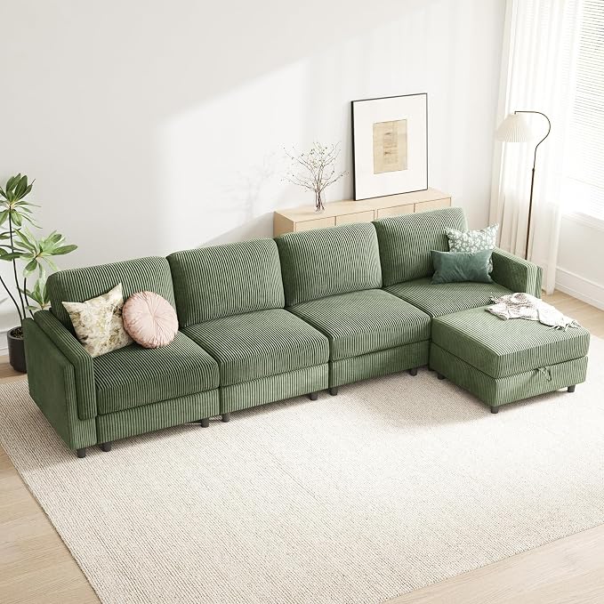 KKL Modular Sectional Sofa Bed with Storage Ottoman, Convertible L/U-Shaped Sleeper Couch for Living Room, Modern Reversible Design(Green,5 Seater L Shape)