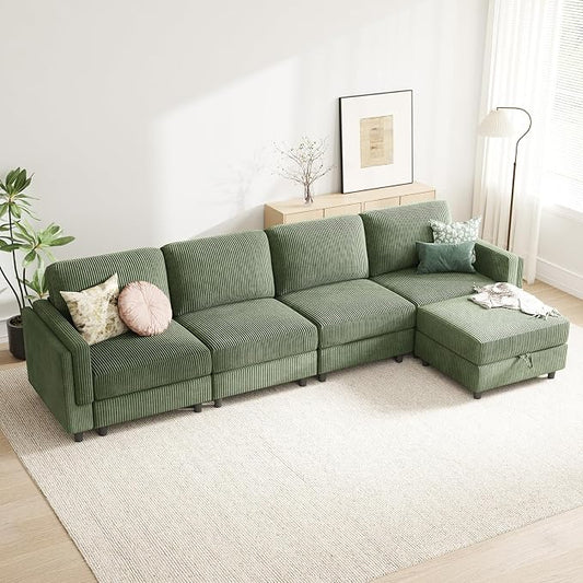 KKL Modular Sectional Sofa Bed with Storage Ottoman, Convertible L/U-Shaped Sleeper Couch for Living Room, Modern Reversible Design(Green,5 Seater L Shape)