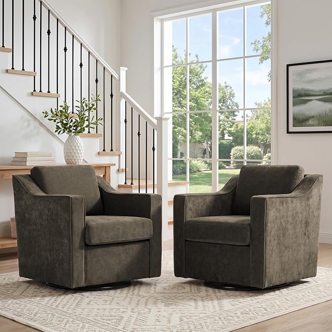 Swivel Accent Chair, Modern Round Barrel Arm Chair for Living Room, Bedroom, Comfy Club Reading Chairs for Adults (Chenille Light Coffee, Set of 2)