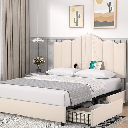 VECELO Full Size Platform Bed Frame with Type-C & USB Charging Stations/4 Storage Drawers, Upholstered Adjustable Headboard, Strong Wooden Slats Support, No Box Spring Needed, Easy Assembly