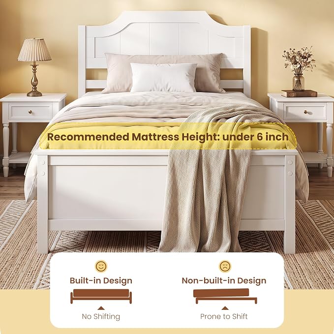 Giantex Twin Size Wooden Bed Frame with Headboard, Wood Slat Support | Farmhouse Platform Bed with Heavy Duty Mattress Foundation, Under-Bed Storage, No Box Spring Needed, Easy Assembly (White)