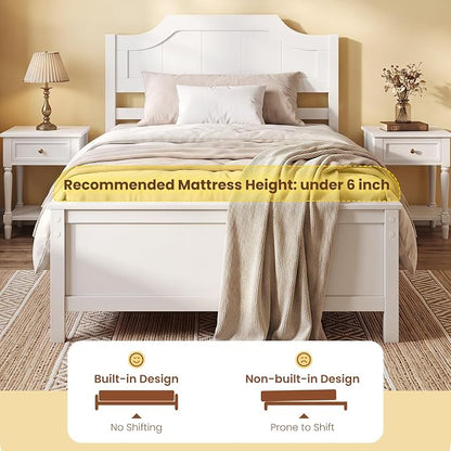 Giantex Twin Size Wooden Bed Frame with Headboard, Wood Slat Support | Farmhouse Platform Bed with Heavy Duty Mattress Foundation, Under-Bed Storage, No Box Spring Needed, Easy Assembly (White)