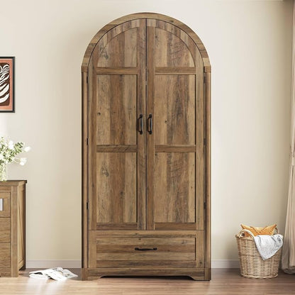Squireewo 2 Doors Armoire Wardrobe Closet with Doors and Drawers, 71" Farmhouse Arched Wooden Wardrobe Cabinet with Mirror and Lights, Large Armoire Storage Cabinet with Shelves & Hanging Rod,Oak