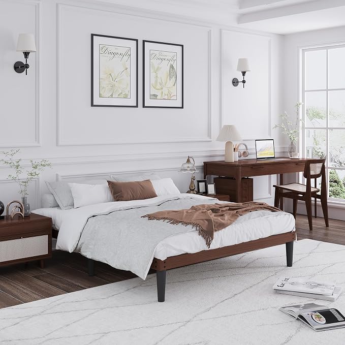 Yumori 12.9 Inch Minimalist Style Queen Size Bed Frame, Wood Platform Bed with Wood Slat Support, No Box Spring Needed, Easy Assembly, Walnut