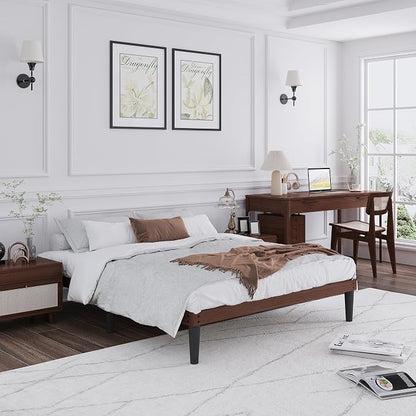 Yumori 12.9 Inch Minimalist Style Queen Size Bed Frame, Wood Platform Bed with Wood Slat Support, No Box Spring Needed, Easy Assembly, Walnut