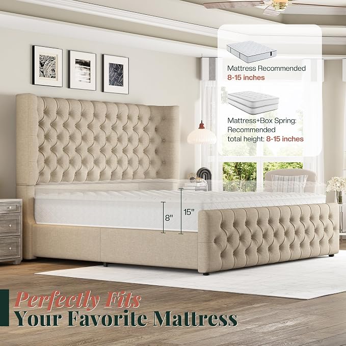 Jocisland Queen Size Upholstered Bed Frame with 6.3-Inch Curved Wingback Headboard, Tufted Footboard, Wood Slats, No Box Spring Needed, Khaki Linen