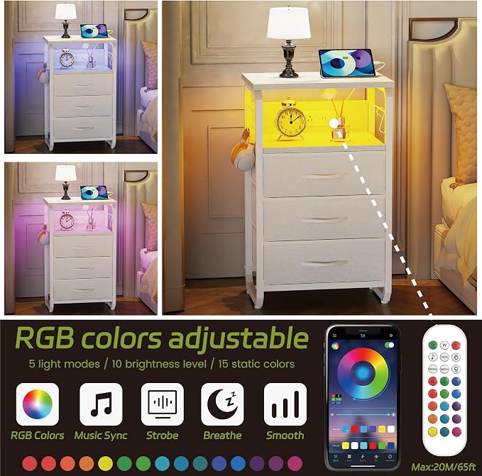 runjuly Bed Side Table with 3 Fabric Drawers, White Night Stand, LED Nightstand with Hooks, Bedside Table with Charging Station, End Table with Storage, Night Table for Bedroom, Dorm