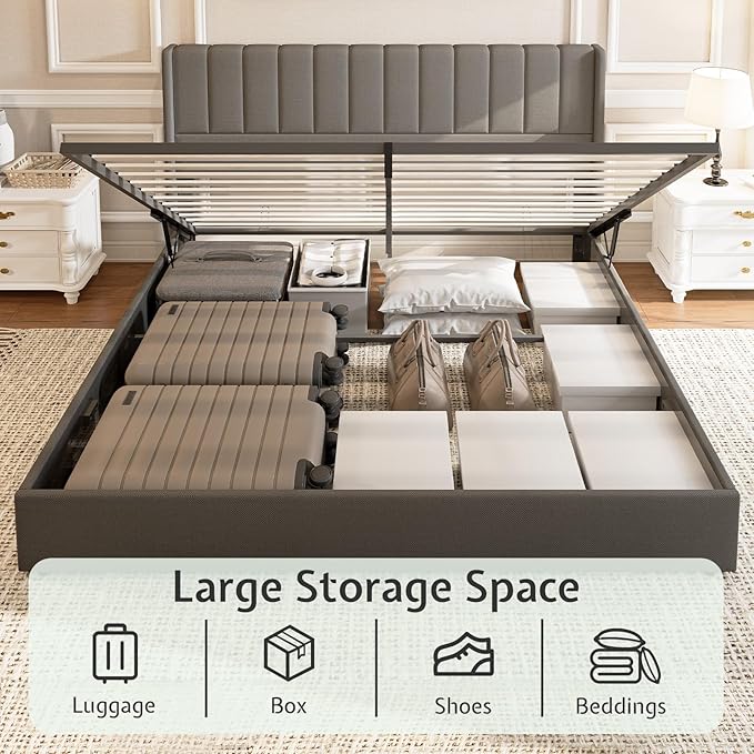Jocisland Queen Size Lift Up Storage Bed Frame, Linen Upholstered Platform Bed with Vertical Channel Tufted Headboard and Wingback, No Box Spring Needed, Wood Slats Support, Dark Gray