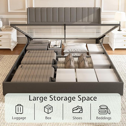 Jocisland Queen Size Lift Up Storage Bed Frame, Linen Upholstered Platform Bed with Vertical Channel Tufted Headboard and Wingback, No Box Spring Needed, Wood Slats Support, Dark Gray