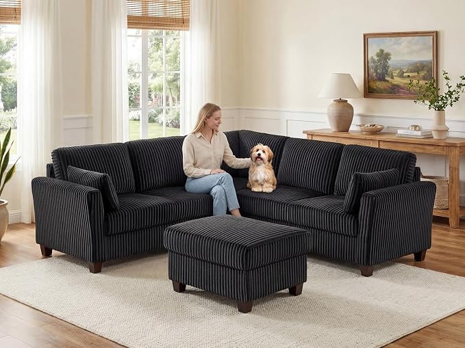 VANOMi Sectional Corner Couch, Corduroy L Shaped Sofa, 6-Seat Couch,Black