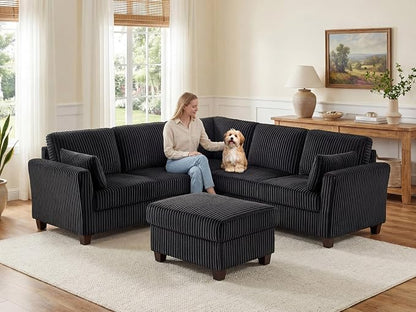 VANOMi Sectional Corner Couch, Corduroy L Shaped Sofa, 6-Seat Couch,Black