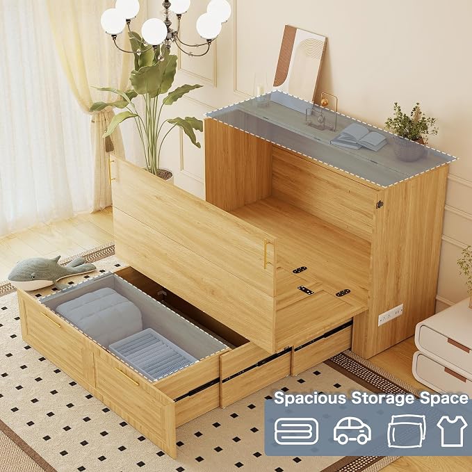 Full Murphy Bed Cabinet: Oak Cabinet Bed with Charging Station, Cube Murphy Beds with Drawers, Modern Hidden Beds for Small Spaces, Guest Room and Office