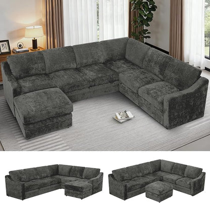 115 Inches Chenille Sectional Sofa with Storage Ottoman, Modern 7 Seats Corner Couch with Deep Seat, Comfy Modular U Shaped Couch with Comfortable Cushions for Living Room, Grey