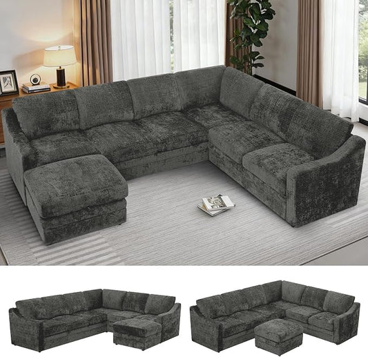 115 Inches Chenille Sectional Sofa with Storage Ottoman, Modern 7 Seats Corner Couch with Deep Seat, Comfy Modular U Shaped Couch with Comfortable Cushions for Living Room, Grey