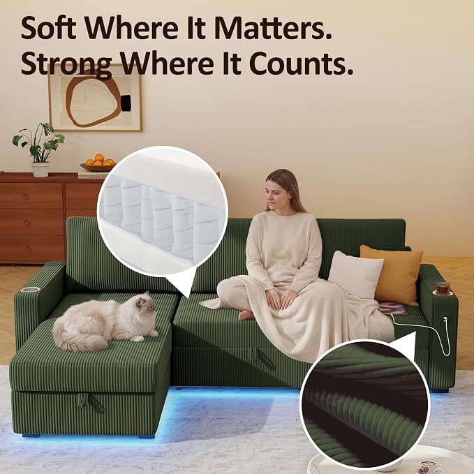 Ball & Cast 80" Sectional Sleeper Sofa Bed Pull Out Couches for Living Room | L Shaped Convertible Pull Out Sofa Bed with Storage Chaise, LED Lights, Foldable Table, USB Ports, Cup Holder and Side Pocket