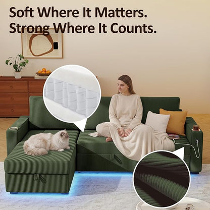 Ball & Cast 80" Sectional Sleeper Sofa Bed Pull Out Couches for Living Room | L Shaped Convertible Pull Out Sofa Bed with Storage Chaise, LED Lights, Foldable Table, USB Ports, Cup Holder and Side Pocket