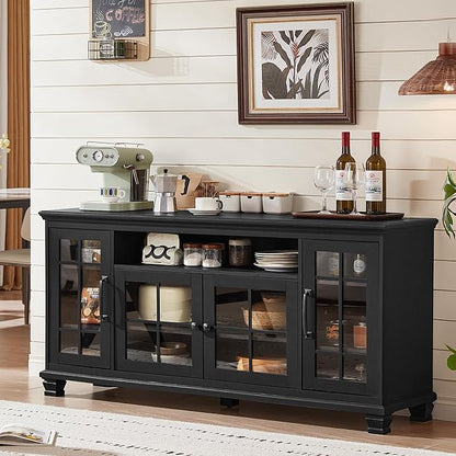 SAVOR LIFE Large Black Sideboard Buffet Cabinet with Storage,Vintage Farmhouse 60" Wide Buffet Cabinet with Glass Doors & Wood Legs,Coffee Bar Cabinet for Dining Room, Living Room