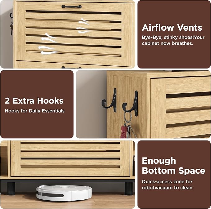 Maupvit Narrow Shoe Cabinet with Bench for Entryway, 3 Flip Louvered Doors & Side Storage Cabinet, 44" H Shoes Organizer with Upholstered Seat & Hooks for Front Door Entrance, Natural Oak