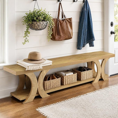 Tribesigns 70.87" Extra Long Entryway Bench, Farmhouse Entryway Bench with Shoe Storage, Wooden Seating with Curved Legs for Living Room, Bedroom, Hallway, Foyer, Easy Assembly