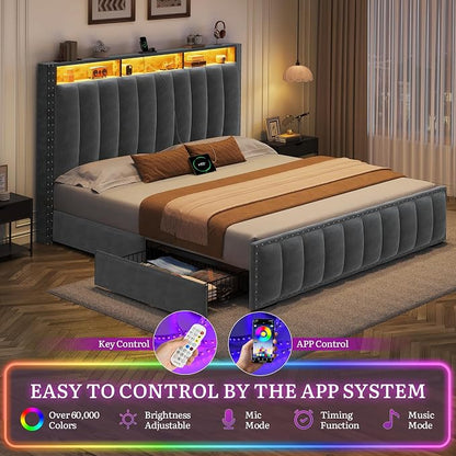 DWVO Queen Size Bed Frame with 4 Storage Drawers and RGB LED Lights, Velvet Upholstered Platform Bed with Charging Station and Bookcase Storage Headboard, No Box Spring Needed, Easy Assembly, Grey