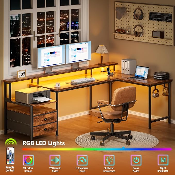 66'' L Shaped Desk with Power Outlets and USB-C Port, Reversible Office Desk with drawers and Storage Shelves, Computer desk with Led Lights and Host stand for Home Office, Gaming, Work, Rustic Brown