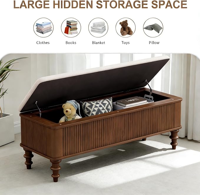50.8-inch Multi-Functional Storage Ottoman Bench-Solid Rubberwood Bed End Bench with Linen Seat, Storage Bench for Bedroom, Entryway Shoe Organizer for Bedroom, Living Room, Entryway, Closet, Walnut