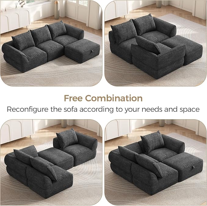 104" Modular Sectional Sofa with Deep Seat, Comfortable Upholstery L Shaped Cloud Couch for Living Room, 3-Seater Boneless Sofa with Movable Ottomans, Removable Cover, No Assembly Required, Dark Gray