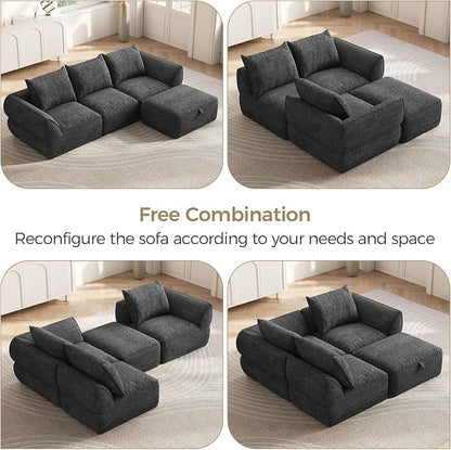 104" Modular Sectional Sofa with Deep Seat, Comfortable Upholstery L Shaped Cloud Couch for Living Room, 3-Seater Boneless Sofa with Movable Ottomans, Removable Cover, No Assembly Required, Dark Gray
