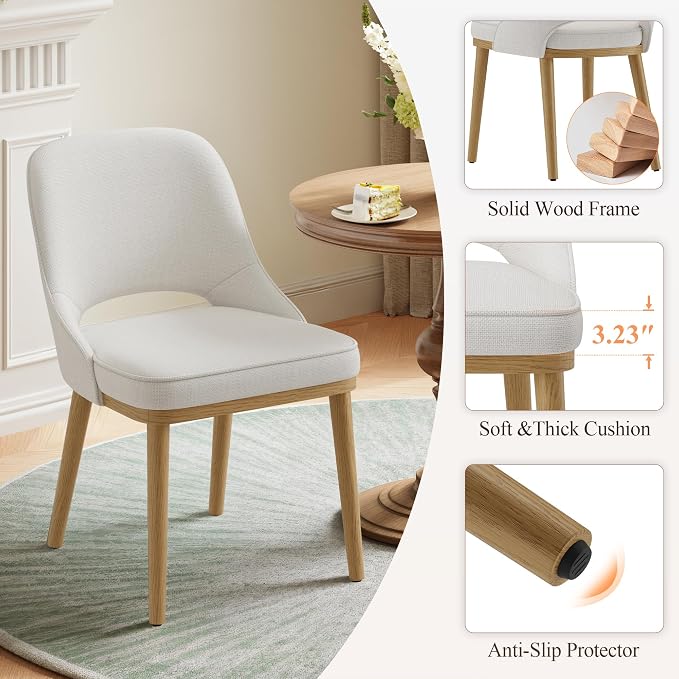 Modern Upholstered Dining Chairs Set of 6, Open Back with Solid Wood Legs, Ergonomic Curved Back Fabric Kitchen Chairs for Dining Room & Kitchen, Living Room Side Chairs, Farmhouse, Beige