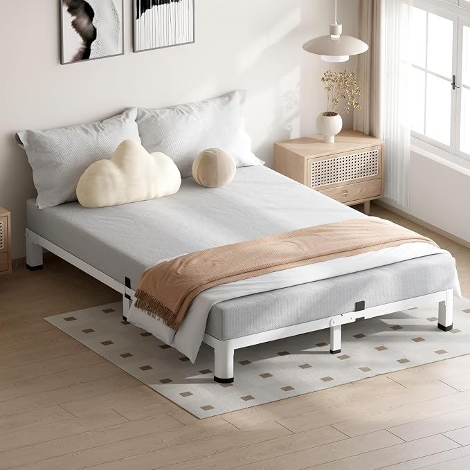 VIPSHOW 4 Inch White Queen Bed Frame, 3500Lbs Heavy Duty Metal Platform with Round Corner Legs Mattress Slide Stopper, Steel Slat Support No Box Spring Needed, Noise Free, Non-Slip, Easy Assembly